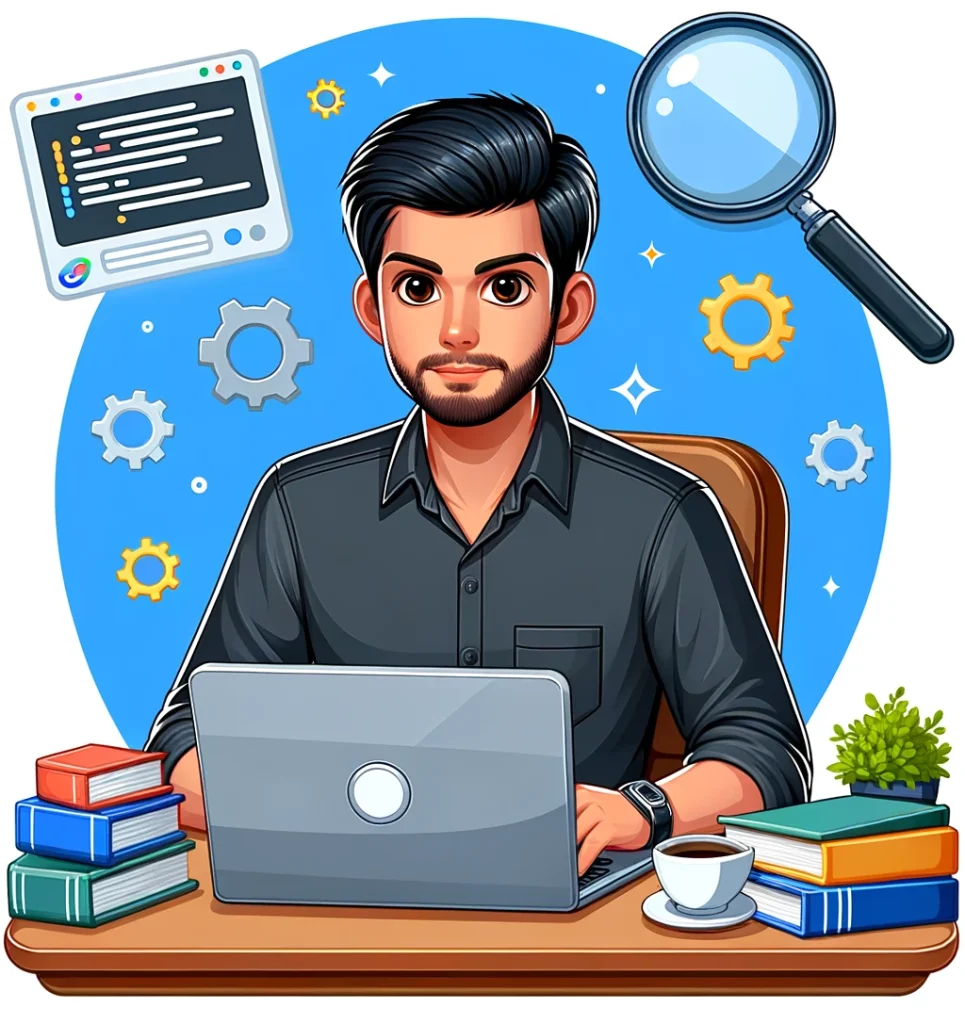 Digital cartoon of a consultant working on web development and SEO, with laptop, books, and icons symbolizing coding and search optimization.