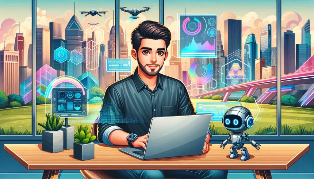 Professional consultant at a futuristic desk with holographic displays, engaging in web development and SEO strategies, with a robot assistant and a vibrant cityscape in the background.